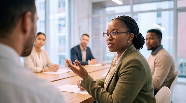 African American woman leading business meeting, colleagues listening intently and taking notes in modern office