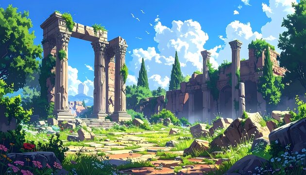 Verdant ruins depict ancient stone structure amid bright foliage, bathed in sunlight under a blue sky with puffy clouds