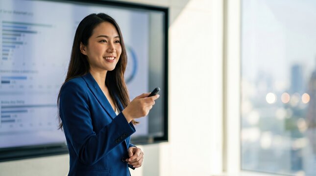 Confident businesswoman presenting data on large screen in modern office, smiling while holding remote control, urban skyline visible through window