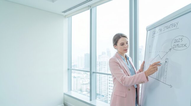Young businesswoman presenting growth strategy on whiteboard in modern office with city view, confident professional explaining 2025 outlook and bar chart trends