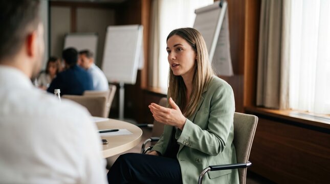 Young woman leading business discussion in meeting room, professional woman speaking with colleague, corporate workshop conversation, engaged facial expression, natural light