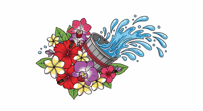 Overflowing bucket of tropical flowers splashes refreshing water