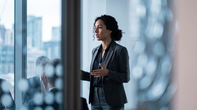 Young professional woman giving presentation in modern office with city view, confident business posture and engaged expression during meeting