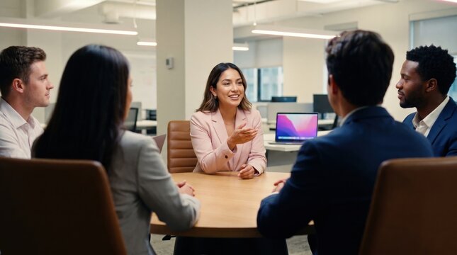 Young businesswoman leading small meeting around conference table, speaking and gesturing confidently while colleagues listen attentively in modern office
