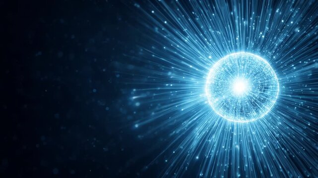 Vibrant blue energy burst from glowing sphere creates abstract display of light and motion, mesmerizing against dark background