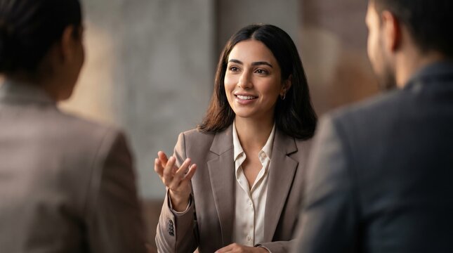 Smiling businesswoman in brown suit speaking during meeting, engaging colleagues with confident expression and open gesture