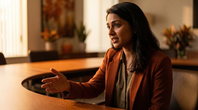 Businesswoman in rust blazer gesturing while speaking at conference table, warm office lighting and plants in background