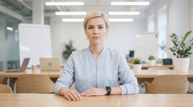 Calm confident woman sitting at office desk wearing smartwatch in modern coworking space with plants and laptops in background