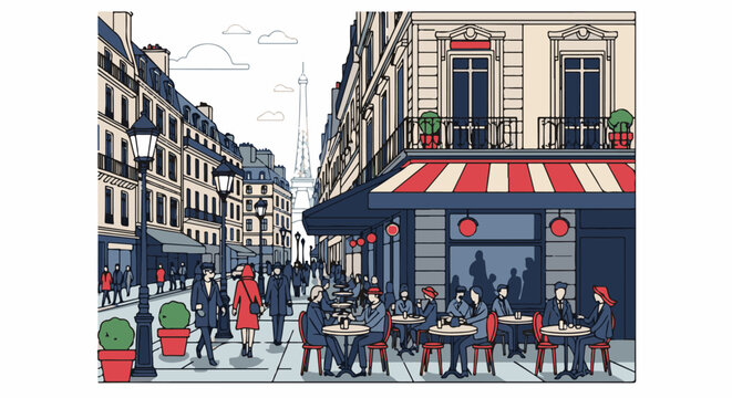 Parisian street cafe scene with iconic tower visible in background