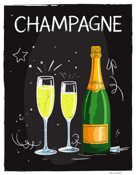  Botella de champagne y dos copas brillantes sobre fondo estilo pizarra con detalles gr&aacute;ficos decorativos. Dise&ntilde;o festivo para eventos y celebraciones.
