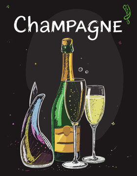  Botella de champ&aacute;n acompa&ntilde;ada de copas espumosas sobre fondo negro decorativo. Concepto festivo relacionado con celebraciones y bebidas premium.
