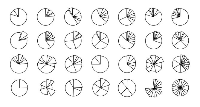 Diverse collection of circular pie chart diagrams and data visualization elements for financial reporting business analytics and statistical infographic design projects