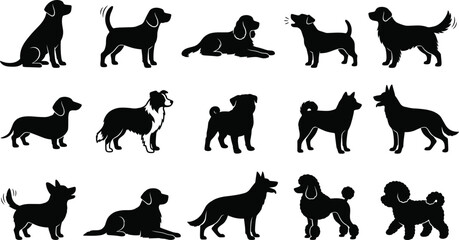 Fifteen Black Dog Breed Silhouettes Including Labrador Dachshund Poodle Corgi Shepherd Collie and Puppy Poses © Romana