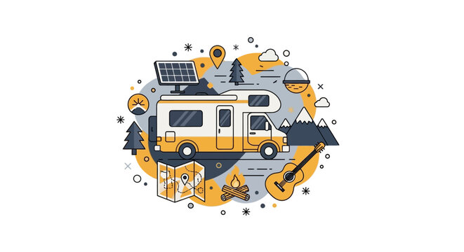 Modern Camper Van Illustration with Outdoor Adventure Elements like Campfire, Guitar, and Solar Panel for Sustainable Van Life Travel Concept