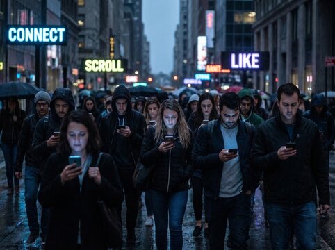 Crowd of People Walking in the City While Looking Down at Smartphone