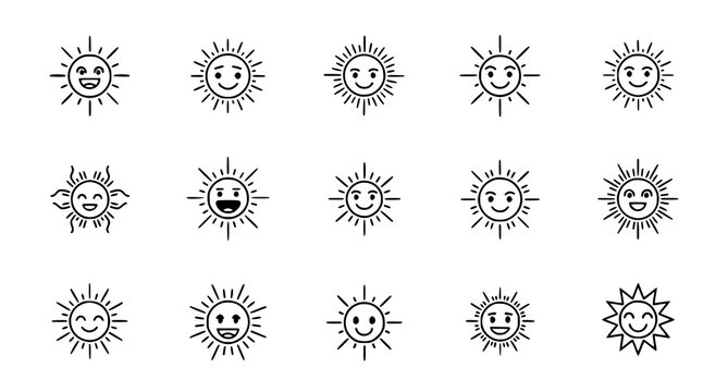 Sun face emoji icon set for weather forecasting and happiness expressions featuring radiant suns with various happy faces for mobile app and interface design elements