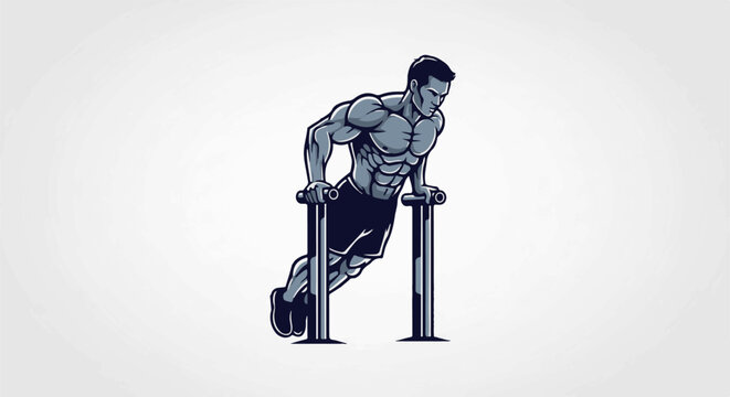 Muscular man performing dips on parallel bars, cartoon style