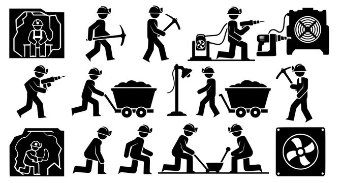 Coal mining industry worker silhouette icons featuring miners with tools and equipment for industrial safety and occupational labor design project asset collections