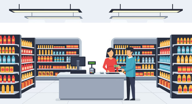People interacting at a grocery store checkout counter with shelves stocked full of products in a retail environment representing commerce and consumerism in everyday life and shopping