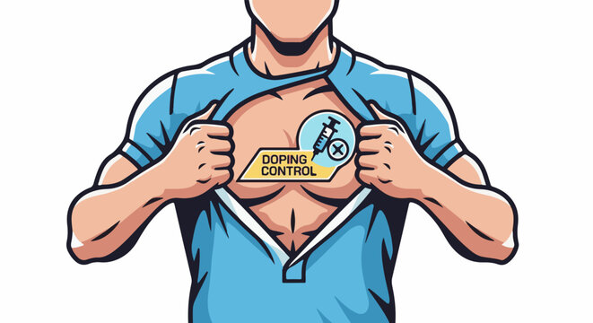 Muscular torso reveals badge with syringe and 'Doping Control' text