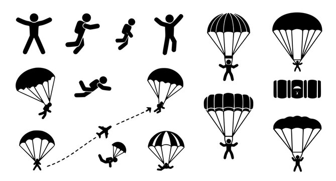 Set of paragliding and skydiving icons showing people jumping from planes and using parachutes for extreme sports and adventure graphic design projects in vector