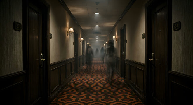 Ghostly spirit floating in the long corridor of the hotel