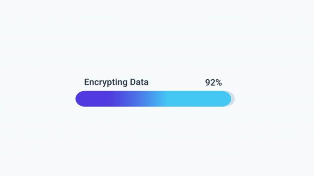 Animated encrypting data progress bar with percentage display and gradient loading indicator. Clean flat motion graphic for data encryption, cybersecurity, secure transmission, information protection,