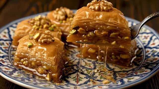 Delicious homemade baklava with walnuts and pistachios on a patterned plate