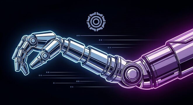 Interacting light blue and purple robotic arms on dark background with gear patterns. High-tech sci-fi scene.