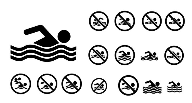 Swimming prohibition and pool safety sign collection featuring aquatic warning icons and swimmer silhouettes for public water facility and beach regulation graphics