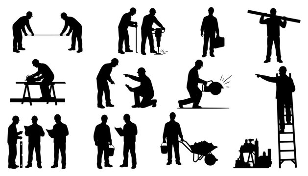 Set of 12 construction workers in two styles: black silhouettes and line art. Includes carrying materials, cutting, installation, ladder work, repair, teamwork, and construction activities. 