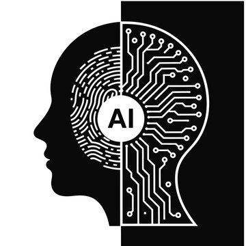 Ai concept with human head profile split into fingerprint and circuit board