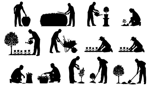 Set of 16 gardening people in two styles: black silhouettes and line art. Includes planting, watering, landscaping, wheelbarrow work, tree care, garden maintenance, and outdoor activities. 