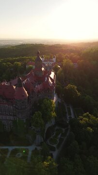 Aerial view of Walbrzych Castle in Poland at sunset in spring