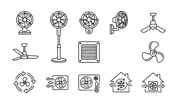 Fan ventilator icon set electric cooling table floor fan line vector editable stroke