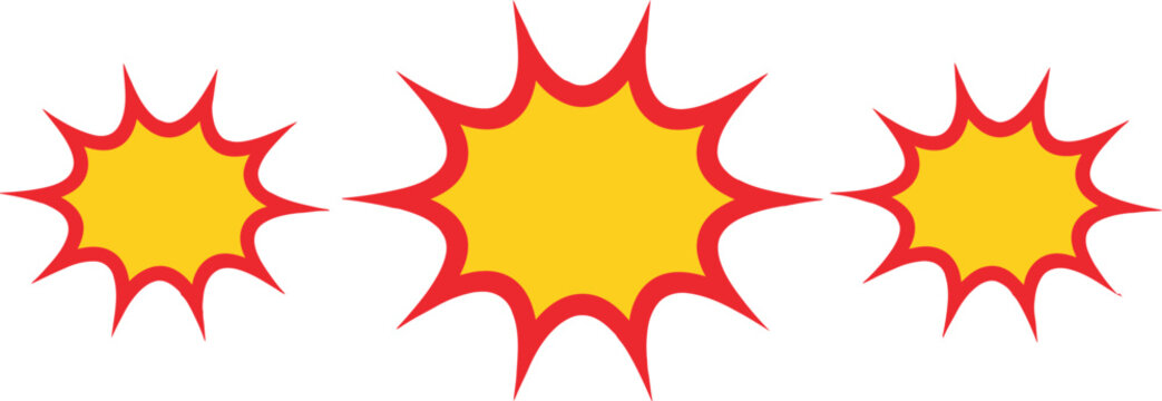 Comic speech bubble and starburst expression collection. Yellow and red explosion flash stickers isolated on white background.