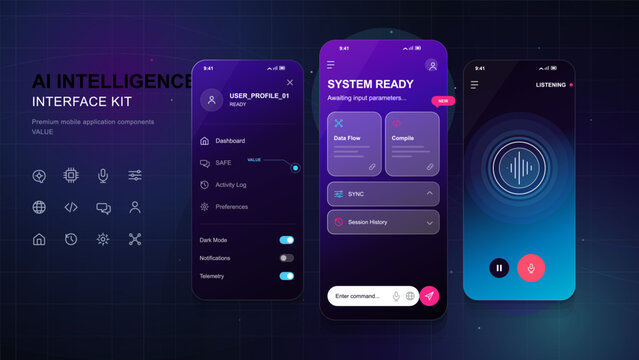 Dark AI mobile interface kit with profile settings, system ready cards, voice listening screen, gradient panels, icon set, and command input UI