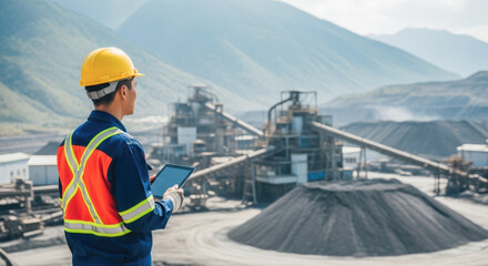 Focused mining engineer with tablet inspecting open-pit mine operations and machinery against dramatic mountain backdrop.