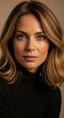 Naklejka premium Attractive young woman with highlighted hair, soft makeup, and a subtle smile gazing directly at the camera in a studio portrait.
