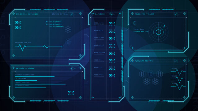 Futuristic HUD dashboard with cyan system panels, databank node list, telemetry radar, network uplink bars, waveform analysis, and routing modules