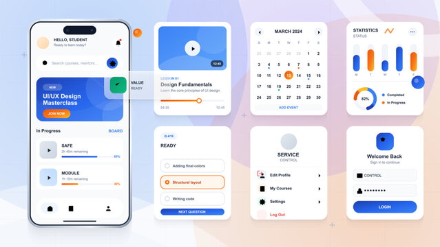 Modern education mobile app UI kit with course dashboard, video lesson, calendar, statistics, quiz, profile settings, and login screens