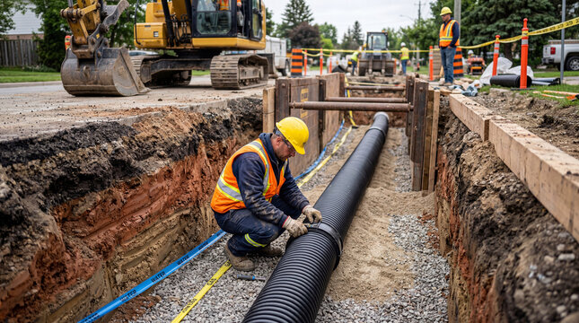 Construction workers installing a large black drainage pipe in a deep trench on a sunny day.