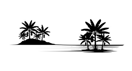 Tropical island and beach landscape silhouettes with palm trees isolated on white background for vacation travel branding and summer holiday themed graphic design projects © Neoviz Studio