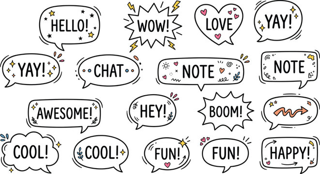 Hand drawn speech bubble illustration collection with expressive words and decorative doodles in playful comic style creative artwork