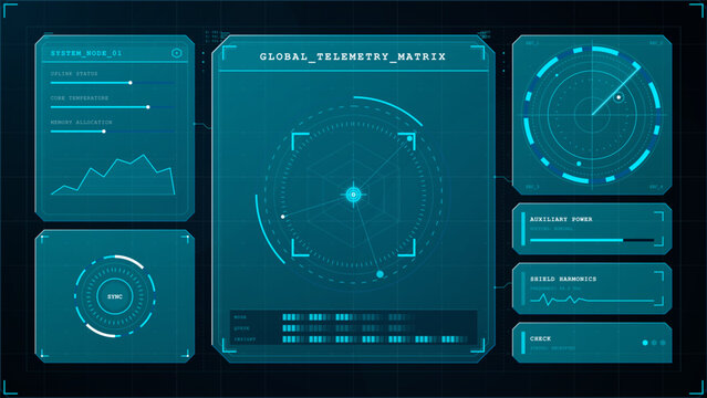 Futuristic cyan HUD dashboard with global telemetry matrix, circular radar, system node panels, power bar, harmonics chart, and dark grid background