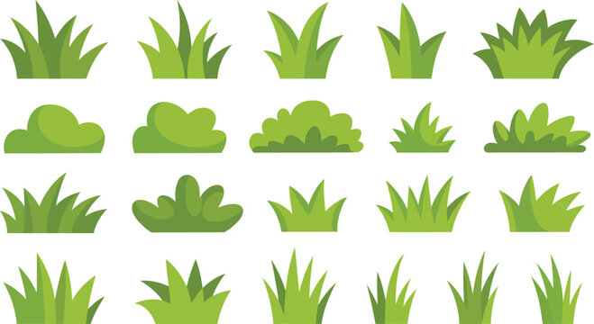 Green grass tuffs and bushes collection. Flat cartoon nature lawn herbal element set isolated on white background.