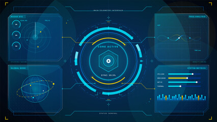 Futuristic telemetry HUD dashboard with glowing core target, radar panels, global node sphere, frequency chart, system metrics, and dark grid © Антон Сальников