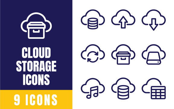 Cloud Storage Icons Set &mdash; Upload, Download, Database, Sync, Archive, Backup Vector Line Icons for Data and Tech