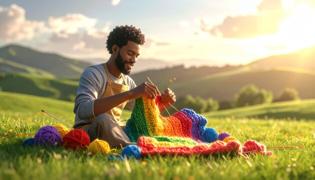 Man Knitting a Rainbow in a Sunny Meadow