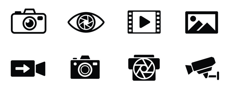 Photography and video icon vector set with black isolated symbols of photo camera shutter lens multimedia film and surveillance